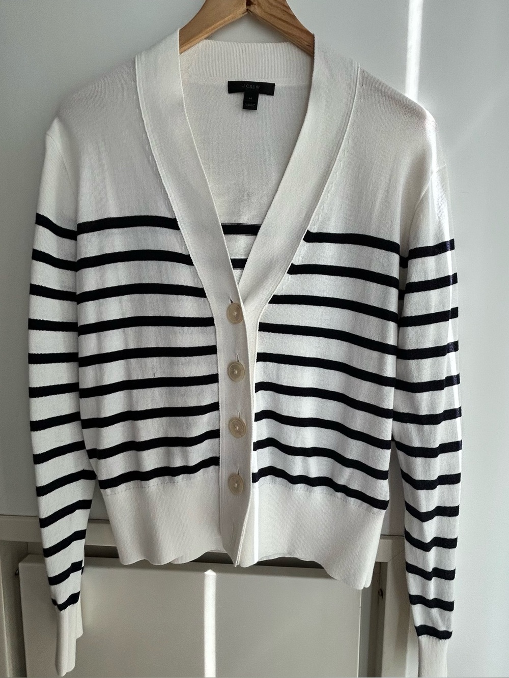 J. Crew White Cardigan with Navy Horizontal Stripes